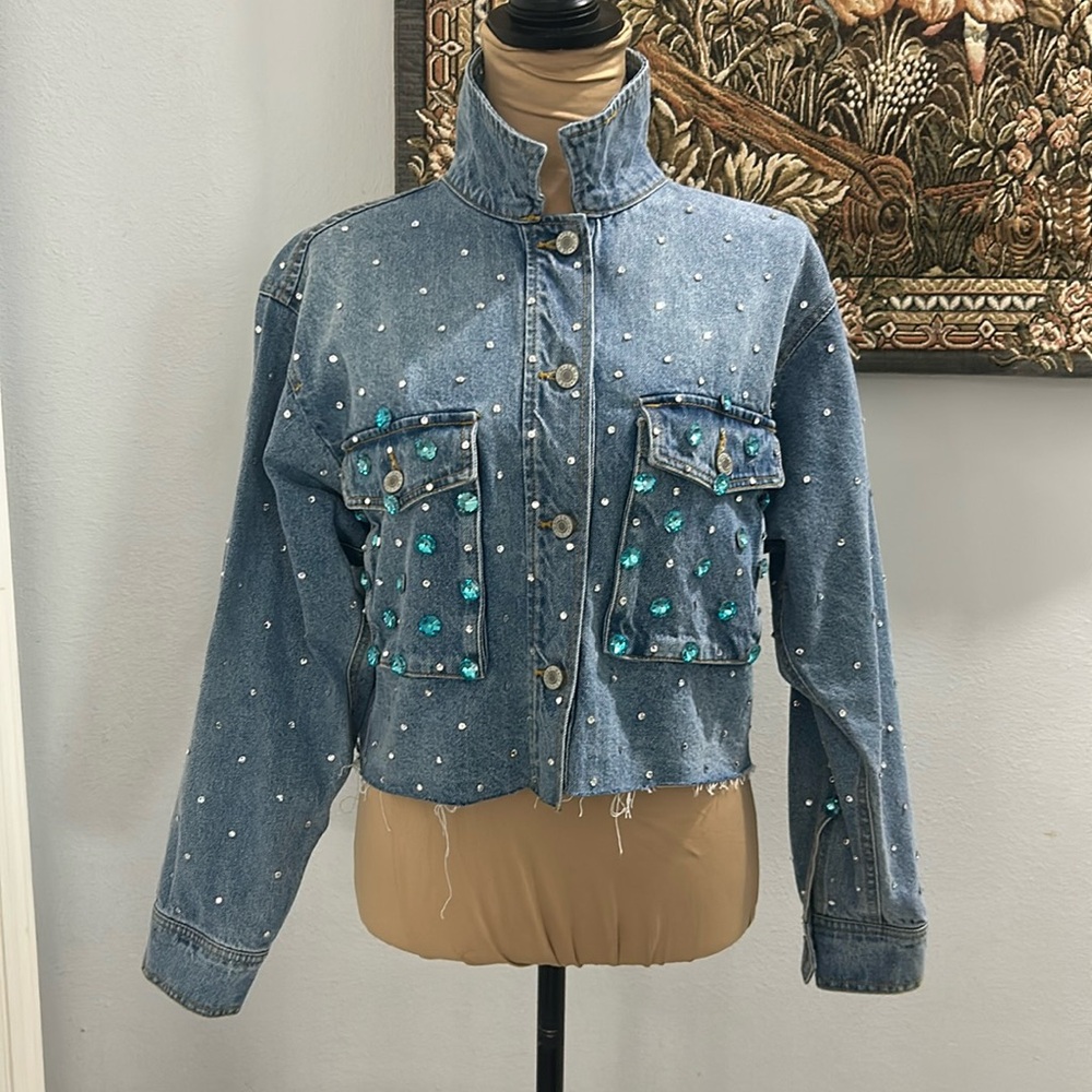 Custom Made Evil Eye New With Tags Love Tree Bling Denim Cut off Jacket. Size M - Picture 3 of 17
